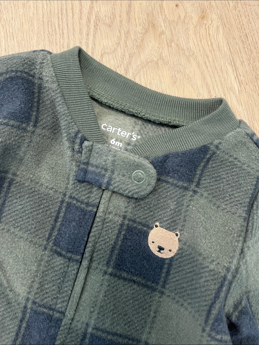 Carter's Fleece PJS Olive and Navy Plaid Footed One-Piece - Picture 2 of 3